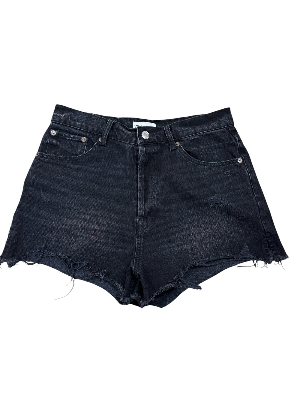 Zara Ultra High Rise Black Distressed Frayed Cutoff Denim Festival Shorts 10